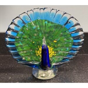 Large Dynasty Gallery Vinci Hand Fused Art Glass Peacock Sculpture 9"x7.5"